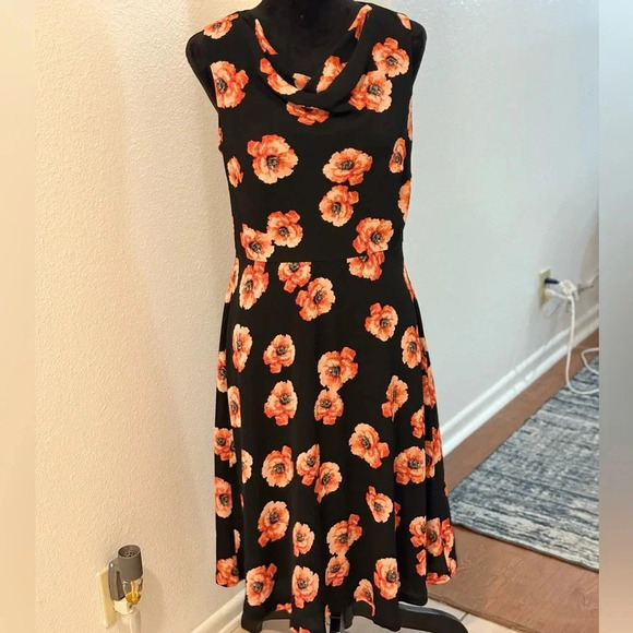 Talbots Black and Floral Print Sleeveless Cowl Neck Dress